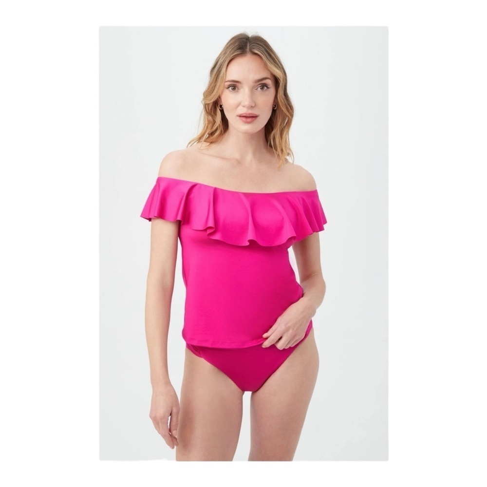 Trina Turk Monaco Ruffle Off-the-Shoulder Tankini Top Shirred Hipster Bottom NWT